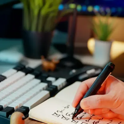 A hand ticking boxes in a notebook beside a keyboard